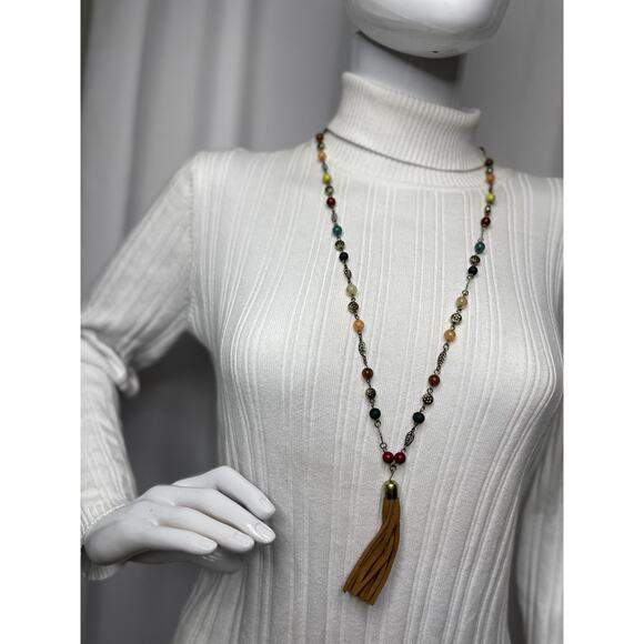 Chico's beaded pendant tassel necklace signed costume jewelry neutral natural - Picture 7 of 12